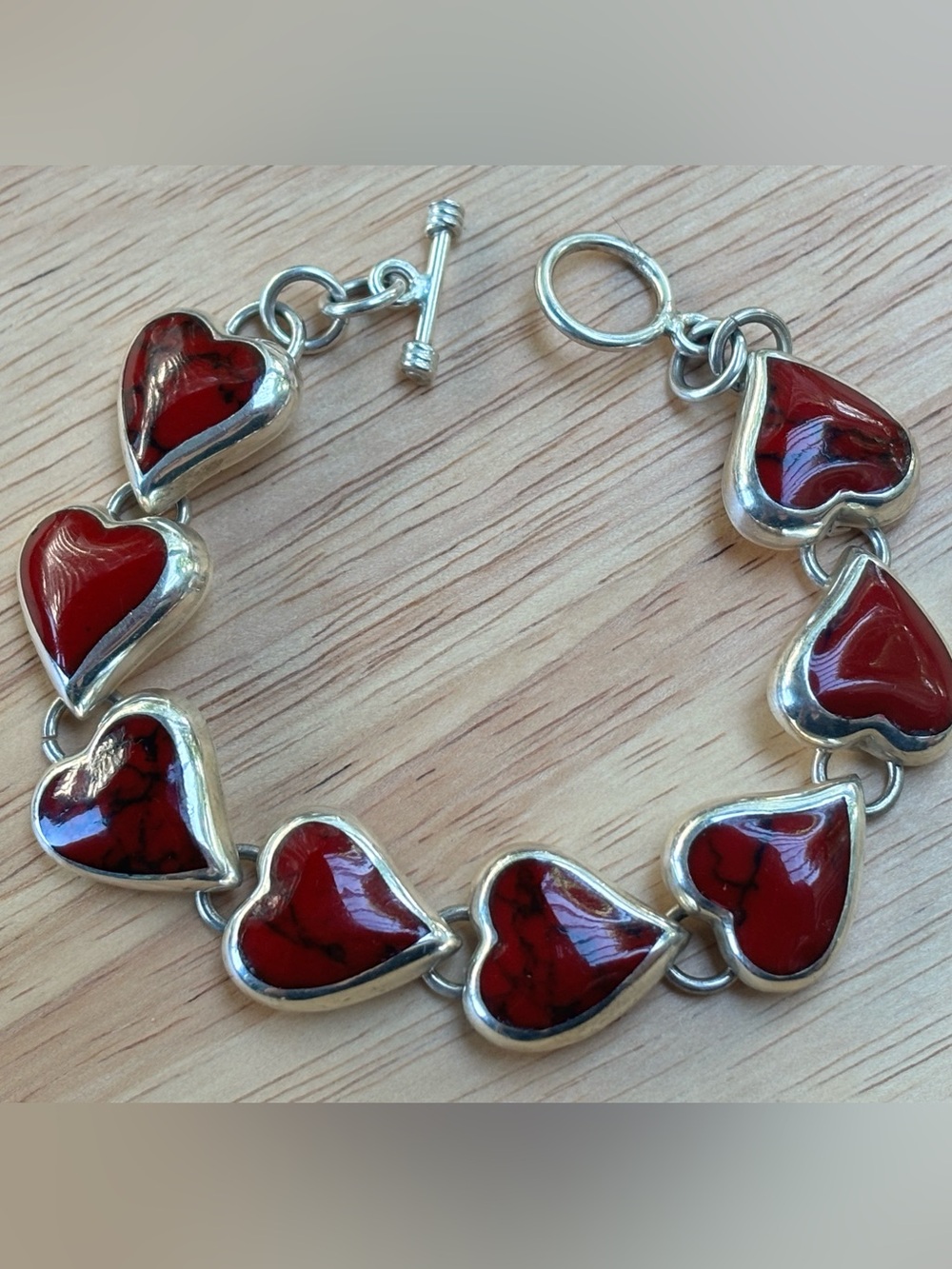 Sterling Silver Heart Link Bracelet with Red Inlay